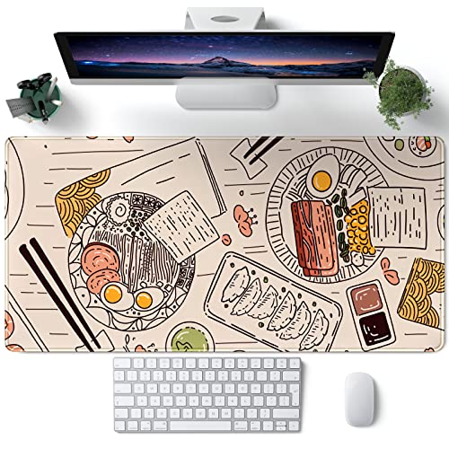 Japanese Ramen Sushi Food Desk Mat Beige XL Mouse Pad Large Full Desk Mousepad Gaming Extended Keyboard Mouse Mat Desk Pad for Computer Laptop 31.5''X15.7'' Non-Slip Rubber Base with Stitched Edges - color: A Beige Food