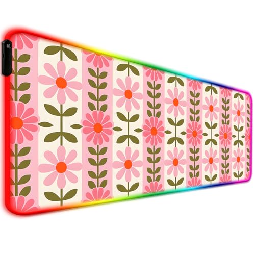 RGB Pretty Pink Flowers Gaming Desk Mat, Computer Keyboard Large Extended Long Floral LED Mouse Pad for Office and Home, XL (W11) - color: Rgb-w11
