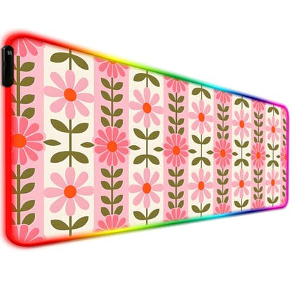 RGB Pretty Pink Flowers Gaming Desk Mat, Computer Keyboard Large Extended Long Floral LED Mouse Pad for Office and Home, XL (W11) - color: Rgb-w11