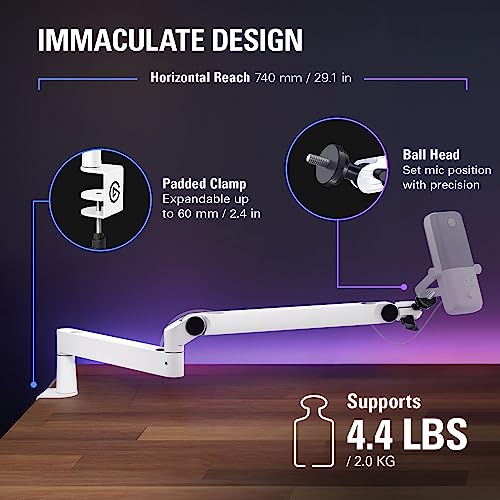 Elgato Wave Mic Arm LP White, Low Profile Boom Arm | Sits below shoulder line, 360-degree rotation, Magnetic cable channels, All-metal build, Fully adjustable mount - style: Low Profile White
