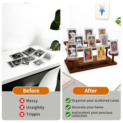 Wooden Trading Card Display Stand Fit 35-100pt Cards Cases, 5-Tier Card Holder for PSA Graded, Sports Cards, Mag Holders, Large Capaticy Wood Stand for Basketball Baseball Magnetic Graded Sleeves Cards Cases