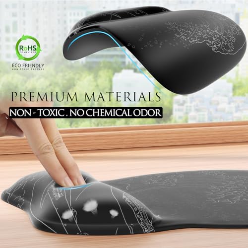 MROCO Ergonomic Mouse Pad with Gel Wrist Rest, 9.4 x 8.1 in, Kanagawa Wave | Ergonomic Shape Design, Multiple Pattern Options, Gel Wrist Comfort, Smooth Lycra Surface, Non-Slip PU Base - color: Kanagawa Wave