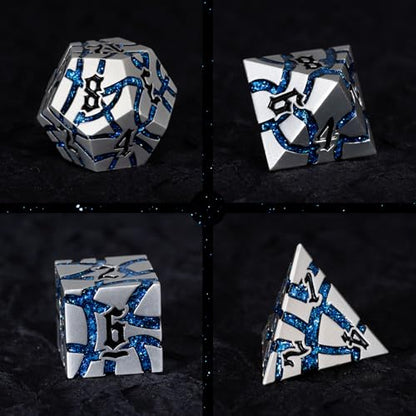 Cracked Rune Metal Dice Set for DND & RPG – Dark Fantasy Fractured Design, Premium Heavy Metal Polyhedral Dice with Deep Engraved Numbers, 7-Piece Set – Blue Arcane Vein - color: Pearl Silver Blue