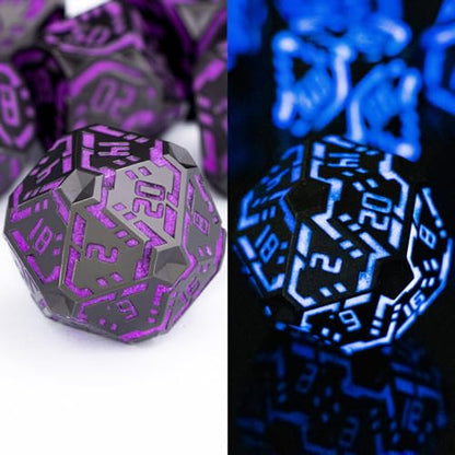 Metal DND Sci-fi Dice Set 7PCS Luminous Purple Stripe Polyhedral Dice for Dungeons Dragons RPG Role Playing Game, Glitter D and D Dice with Gift Box D6 D8 D10 D12 D20 - color: Nightlight - Purple