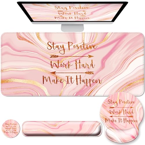 Large Mouse Pad and Keyboard Wrist Rest + Desk Mat Set,Full Long Mouse Pads for Desk Accessories with Memory Foam Gel Pink Mousepad for Women Computer Desktop Office Work-Rose Gold & Pink | Ergonomic,Pain Relief, 4-in-1 Large Big Mousepad Computer Mats,De