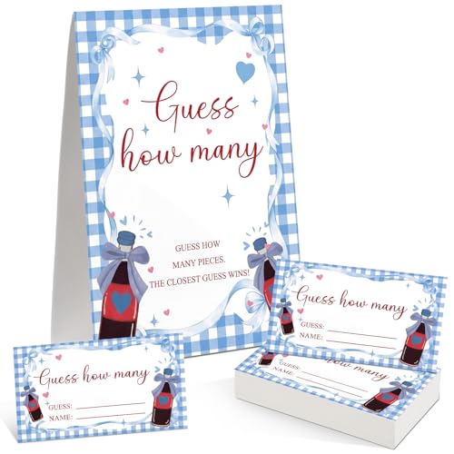 Blue Soda Guess How Many Baby Shower Game Pack of 1 Tabletop Sign with Stand and 50 How Many Cards, Red and Blue Soda Gender Reveal Party Game Decorations - style: Blue Soda