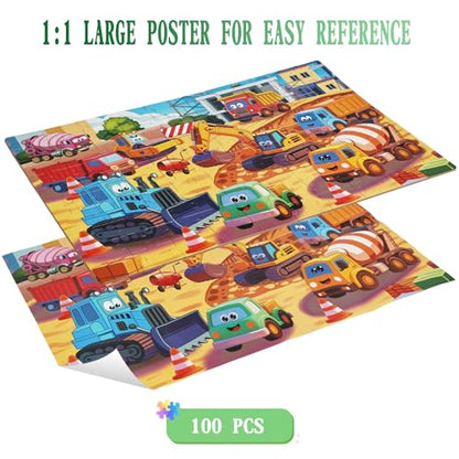100 Piece Puzzles for Kids Ages 4-6 6-8 8-10, 100 Piece Construction Site Learning Educational Jigsaw Puzzles, Vehicle Kids Puzzles Ages 5-8 Gifts for Girls Boys - Every Piece is Unique - color: Construction Vehicle