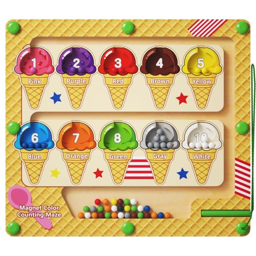 zhiwuzhu Magnetic Color and Number Maze，Wooden Matching Learning Counting Board for Toddler Ages 2-4，Preschool Learning Activities Toys，Toddler Fine Motor Skills Toys for Boys Girls - style: Ice Cream
