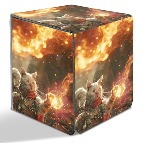 BVDIKMI Card Deck Box for Trading Cards, Card Storage Box Fits 100+ Single Sleeved Cards, PU Leather Strong Magnet Card Deck Case Holder for Magic Commander TCG CCG, Magic Cat - color: Magic Cat