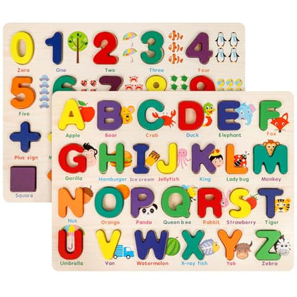 Attmu Wooden Puzzles for Toddlers, 2 Pcs Alphabet Puzzle ABC Shape Number Puzzle Patterns, Learning Toys for Kids, Preschool Educational Activities Toddler Gift Toys for Girls Boys Christmas Easter - size: 2 Pack