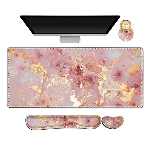 AIMSA Keyboard Mouse Pad Set, Large Gaming Mouse Pad +Wrist Rest Mouse Pad +Keyboard Wrist Support +Coaster, 35x15.7 inch Extended Desk Mat for Easy Typing Pain Relief (Pink Gilt Marble) - color: Pink Gilt Marble