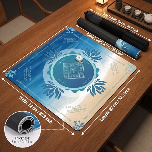 Mahjong Mat 2025 Upgraded No-Crease & No Odor Design, 32.3 Inch with Waterproof Velvet, Non-Slip PU Silicone, Lightweight for Noise Reduction, Includes Printed Rules for Tiles and Cards (Ocean) - color: Ocean