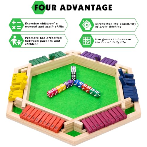 MNYUN Shut The Box Game Large for 6 Players, 15 inch Wooden Board Table Math Game with 16 Dice and Instructions, Classics Close The Box Board Game - size: 14.99 INCH