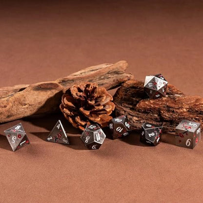 UDIXI Metal DND Dice Set Nickel, 7PCS Metal Polyhedral Dice Set for D&D RPG | Red Flower, Metal Case Packaging, Heavy Metal Dice, D&D Gift, for Dungeons and Dragons Role Playing Games Tabletop Games - color: Flower/Nicklewhite