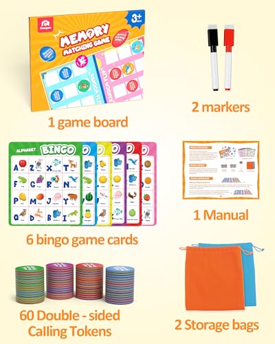 Coogam Alphabet Bingo Game, ABC Learning Letter Recognition and Phonetic Words with Pictures - Early Educational Activity Gift Toys for Kids Age 3-7