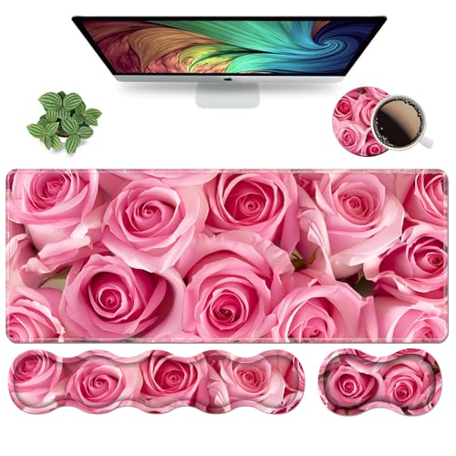 Ergonomic Keyboard Wrist Rest and Mouse Pad Wrist Rest Set, Large XXL Gaming Mousepad 31.5"x 11.8", Memory Foam, Easy Typing Pain Relief, Multifunctional Desk Mat for Office & Home, Pink Roses - color: Pink Roses