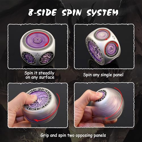 DNDND Unique Spinner DND Dice, 8-in-1 Hexagonal Metal DND Dice with Dual D20 Monster Themed Dice Set for DND Dungeons and Dragons, Dungeon Masters with Collectible Gift Tin (Silver with Purple) - color: Silver Purple