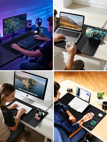 Mouse Pad with Magnetic Wireless Charger & Adjustable Phone Stand | 31.5"x15.8" Full Desk Coverage Mousepad, Waterproof Ultra-Smooth Desk Mat, Non-Slip Base, Black - color: Black-Magnetic Stand-31.5"x15.8"-Right