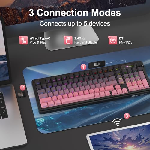 MageGee GK960 Wireless Keyboard, 98 Keys Tri-Mode BT/2.4G/Wired Membrane Gaming Keyboard, RGB Creamy Keyboard with Number Pad, Knob Control, Side Printed Keycaps, 4000mAh Battery - Black & Pink - color: Black & Pink
