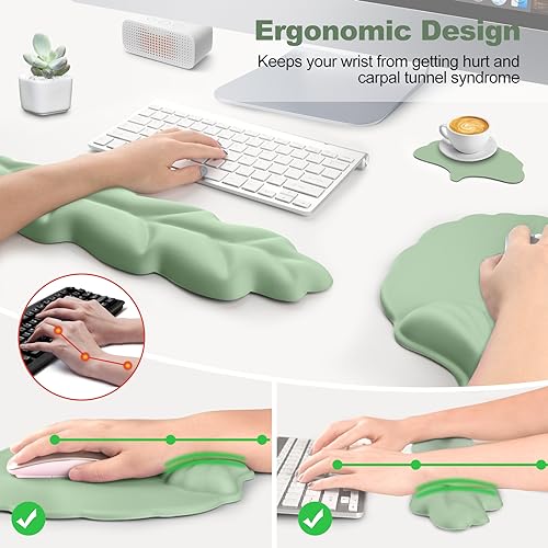 Keyboard Wrist Rest and Mouse Pad with Wrist Support Set, Ergonomic Leaf Shape Mouse Pad with Non-Slip Base, Pain Relief Memory Foam Mousepad for Computer,Laptop,Home Office, Green - color: Green