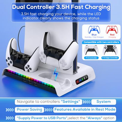 FASTSNAIL Cooling Station with Controller Charger for PS5/Slim/Pro Console | Vertical Cooling Stand, Fast Charger 2 Controllers, 3 Efficient Fans, 9 RGB Light Modes, Headset Hook for PS5 Accessories Kit