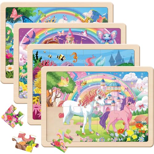 Puzzles for Kids Ages 4-6, 4x24 PCs Unicorn Princess Mermaid Wooden Puzzles | Unicorn Puzzles for Toddlers & Kids Ages 3-5, Preschool Educational Puzzles Toys, Birthday Gifts Set for Girls - color: Unicorn Princess Mermaid