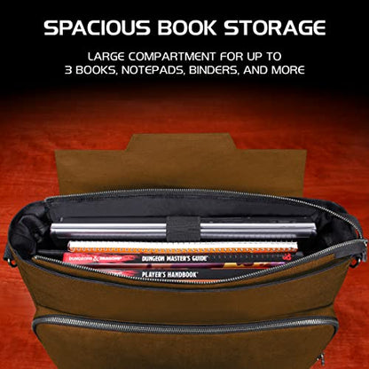 ENHANCE Collector's Edition RPG Player's Essentials DND Bag - Dragon Hide Exterior Messenger Bag Fits 2-4 Books, Binders, Dice & Accessories, with 17 inch Laptop Slot, Battlemap Straps (Dragon Brown) - color: Dragon Brown