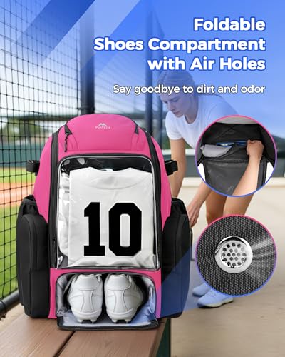 MATEIN PRO Youth Baseball Backpack for 4 Bats, Collapsible Shoe Compartment | Water Resistant, Large, Boys Baseball Bat Bag, Insulated Beverage Pocket, Clear Display Window, Storage Holds Glove, Helmet - color: Pink
