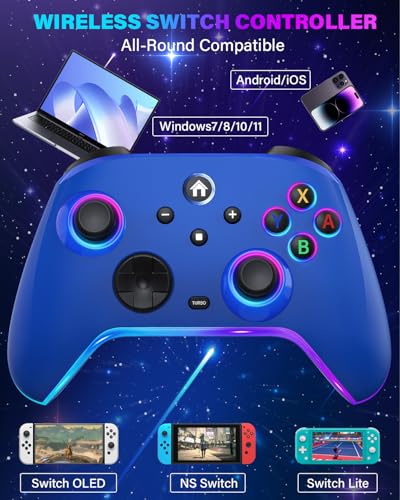 Wireless Switch Pro Controllers for Nintendo Switch/OLED/Lite/Switch 2 | 1200mAh Switch Controller with 10 Color LED Lights, Rechargeable Switch Control with Turbo, Vibration, Motion Control,Wake Up - color: Blue