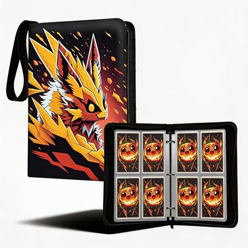 Trading Card Binder Small 4 Pocket,capacity of 400 Cards, 50 Clear Sheets Included, 3 Rings And Zipper, Cards Binder, Collector Binder, Water Proof with Dragon Design (Red Fox, Small) - color: Red Fox, size: Small
