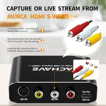 ACHAVE Video to USB Audio Video Capture with HDMI Output,VHS to Digital Converter-Input HDMI, AV, RCA, S-Video, VCR, VHS, Camcorder, Video8, Hi8, DVD, Gaming Systems - USB-C Plug & Play