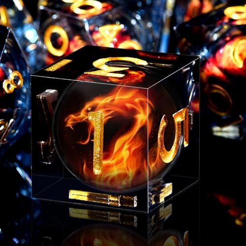 AUSTOR 7 Die DND Dice Set 7 Pieces Red Flame Dragon Resin Dice Role Playing D and D Dice D20 D12 D10 D8 D6 D4 Sharp Edge Dungeons and Dragons Dice with Case - color: Red Flame Dragon