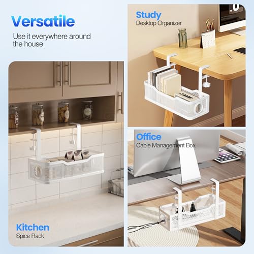 Cable Management Under Desk Tray, No Drill Cable Management Box with Clamp for Wire Organization, Cord Organizer for Office, Home - No Damage to Desk (White)