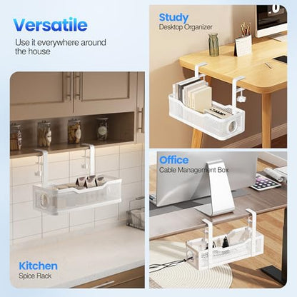 Cable Management Under Desk Tray, No Drill Cable Management Box with Clamp for Wire Organization, Cord Organizer for Office, Home - No Damage to Desk (White)