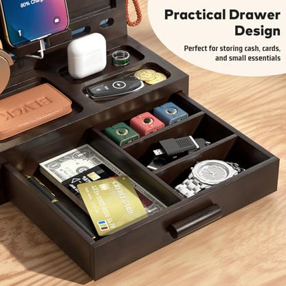 Sephyroth Rustic Wooden Phone Stand Organizer with Drawer Storage, Brown - color: Brown