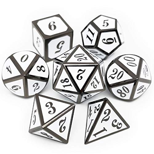 Haxtec 7 Die DND Metal Dice Set D&D 7PCS DND Dice of D20 D12 D10 D8 D6 D4 Compatible with Dungeons and Dragons RPG Games-Glossy Enamel Dice (Black White) - color: Black White