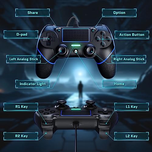 DIANVEN PS4 Wired Controller for PC with Double Vibration and Motion Motors, Compatible with Windows 11/10/8/7 - color: Black/Blue