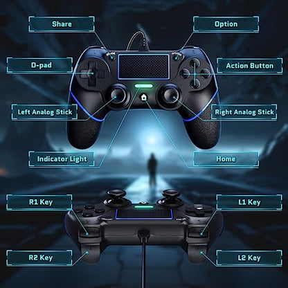 DIANVEN PS4 Wired Controller for PC with Double Vibration and Motion Motors, Compatible with Windows 11/10/8/7 - color: Black/Blue