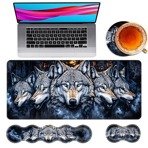 Large Mouse Pad and Keyboard Wrist Rest, Desk Pad for Keyboard and Mouse, 4-in-1 Large Gaming Mouse Pad with Wrist Support, Desk Mat for Home Office Study Game,Wolves in The Forest - color: Wolves in the Forest