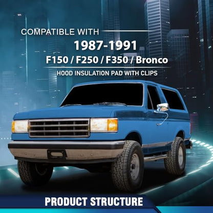 PIT66 Hood Insulation Pad w/ Clips Compatible with Ford F150 F250 F350 Bronco 1987 1988 1989 1990 1991 - style: 1987-1991 Ford F150