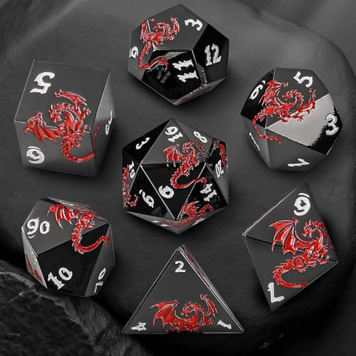 Metal Dice Set, Flat Face Black Red Dragon Pattern, 7pcs Polyhedral Metal DND Dice Set, DND Starter Set, D&D Gifts with Gift Box, Role Playing Board Games Accessories, Black - color: Black+red