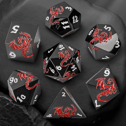 Metal Dice Set, Flat Face Black Red Dragon Pattern, 7pcs Polyhedral Metal DND Dice Set, DND Starter Set, D&D Gifts with Gift Box, Role Playing Board Games Accessories, Black - color: Black+red