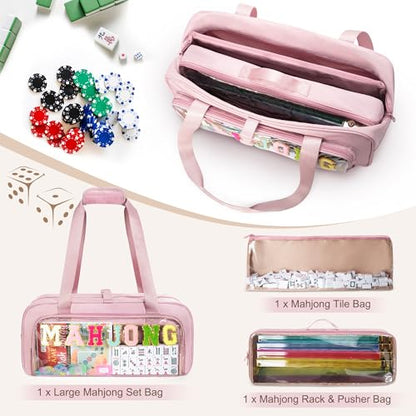 Yarwo 3 PCS Mahjong Bag Empty, Clear American Mahjong Tiles & Rack Bags Set | Zippered Game Storage with Mahjong Mat Strap and Sewn Chenille Letter for Mahjong Tiles, Racks & Pushers, Case Only, Pink - color: Pink