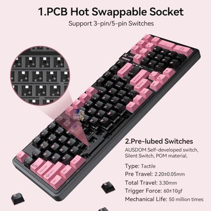 AUSDOM 98Pro Silent Wireless Mechanical Keyboard, Tri-Mode BT/2.4G/USB-C Hot Swappable Custom Quiet Keyboard with Backlit, Gasket Structure, PBT Keycaps,Pre-lubed Tactile Switches(Black & Pink-Silent) - color: Black & Pink