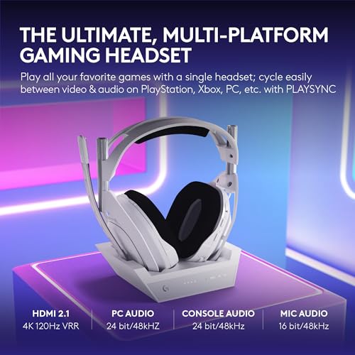Logitech G Astro A50 X Multi-Platform Wireless Gaming Headset + Base Station for PS5/Xbox/PC: PLAYSYNC Video & Audio Switcher, HDMI 2.1 4K 120Hz VRR, <24bit/48kHz, 24hr Battery, 2.4GHz & BT - White - color: White, style: PLAYSYNC Video & Audio