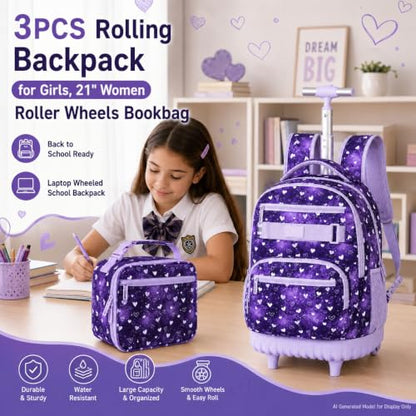 3Pcs Rolling Backpack for Girls Teens, 19" Wheeled Backpack with Lunch Box, Polka Dots Travel Roller Backpack for Women College Students (Purple) - color: Starry Sky Heart Purple