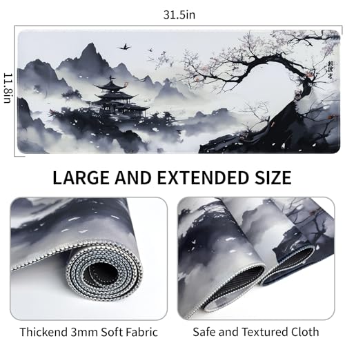 Large Mouse Pad Japanese Desk Mat, XL Anime Gaming Mouse Pad | Smooth Tracking, Non-slip Rubber Base, Durable Stitched Edges, Extended Mousepad for PC/Laptop/Office/Home - color: Ink Hill