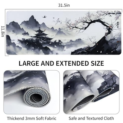 Large Mouse Pad Japanese Desk Mat, XL Anime Gaming Mouse Pad | Smooth Tracking, Non-slip Rubber Base, Durable Stitched Edges, Extended Mousepad for PC/Laptop/Office/Home - color: Ink Hill
