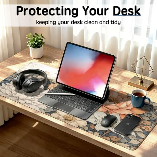 Floral Desk Mat - 31.5x11.8 Inch Japanese Flower Large Mousepad Boho Aesthetic Extended Mouse Pad with Anti-Slip Rubber Base for Computer Mouse Keyboard Home and Office