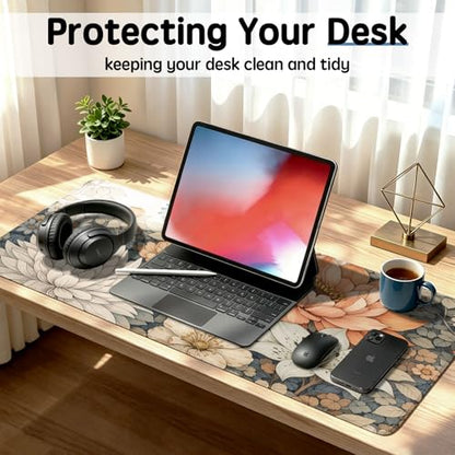 Floral Desk Mat - 31.5x11.8 Inch Japanese Flower Large Mousepad Boho Aesthetic Extended Mouse Pad with Anti-Slip Rubber Base for Computer Mouse Keyboard Home and Office